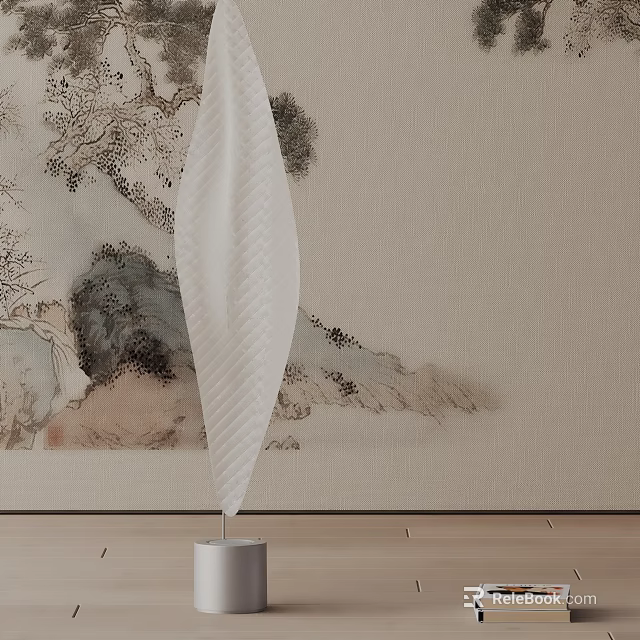 Sleek White Floor Lamp Against Beige Wall With Chinese Landscape Painting And Wooden Floor 3d model 