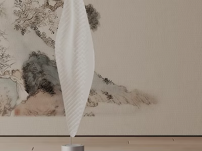 Sleek White Floor Lamp Against Beige Wall With Chinese Landscape Painting And Wooden Floor 3d model