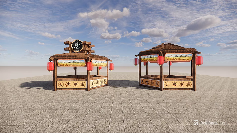 Traditional Style Market Stalls With Thatched Roofs Red Lanterns And Ku Character 3d model 