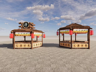 Traditional Style Market Stalls With Thatched Roofs Red Lanterns And Ku Character 3d model