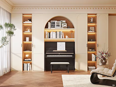 Elegant Built in Bookshelf Design With Warm Lighting Layered Shelves Books and Decor in Modern Living Space 3d model