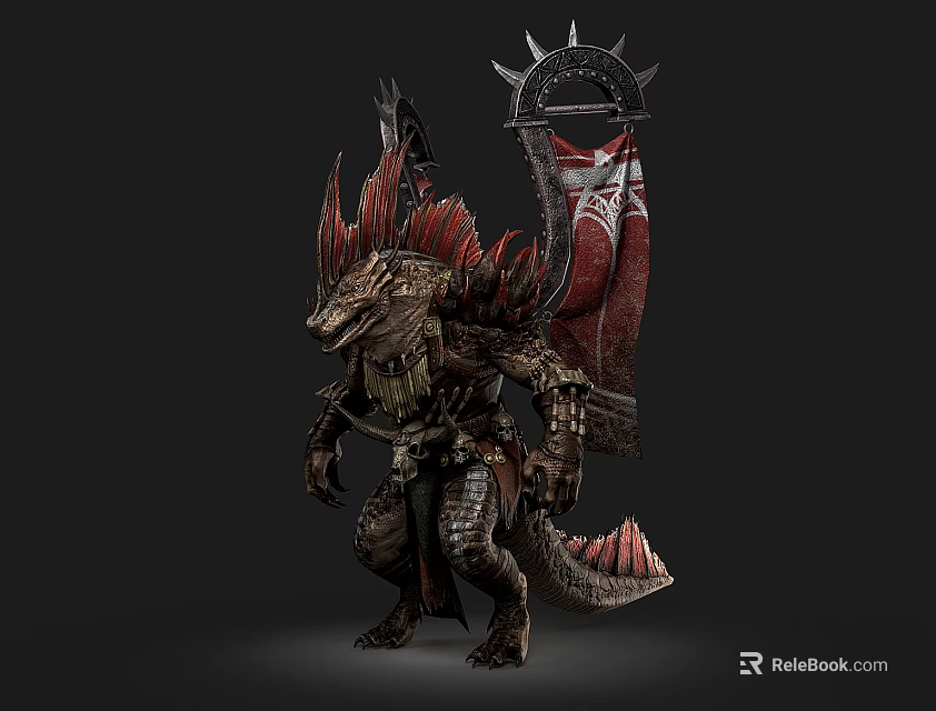 Crocodile Like Mythical Creature With Spiked Armor Holding Red Banner And Fantasy Warrior Design 3d model 