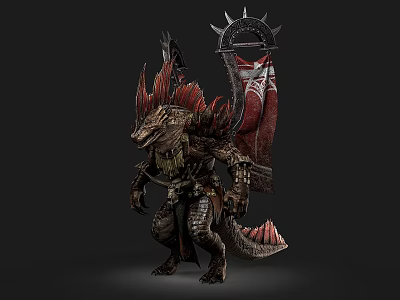 Crocodile Like Mythical Creature With Spiked Armor Holding Red Banner And Fantasy Warrior Design 3d model