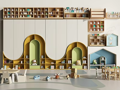 Vibrant Kindergarten Classroom With Bookshelves Toys Small Tables Chairs And Arched Storage 3d model