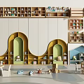 Vibrant Kindergarten Classroom With Bookshelves Toys Small Tables Chairs And Arched Storage