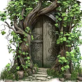 Enchanted Wooden Door Surrounded By Tree Roots Green Vines And Stone Steps