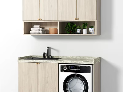 Modern Light Wood Bathroom Cabinet with Wall-Mounted Storage Towels Plants Sink Faucet and Washing Machine 3d model