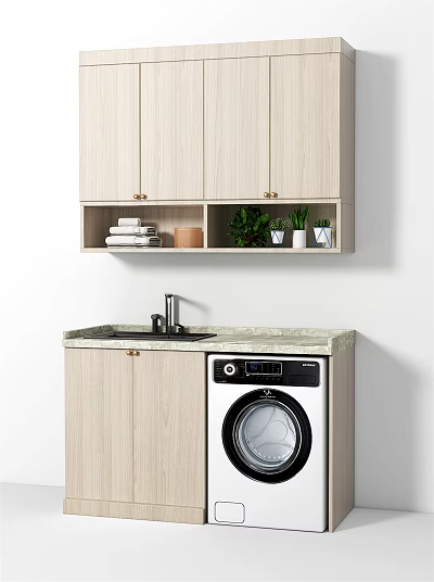 Modern Light Wood Bathroom Cabinet with Wall-Mounted Storage Towels Plants Sink Faucet and Washing Machine 3d model
