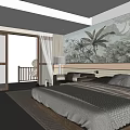 Serene Hotel Room with Sea View Balcony Floor-to-Ceiling Windows Bed and Wooden Desk