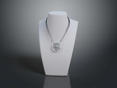Simple Elegant Silver Necklace With Round Patterned Pendant On White Mannequin 3d model