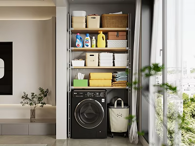 Home Balcony With Washing Machine Storage Shelves Boxes Cleaning Detergents Folded Towels And Green Plants 3d model