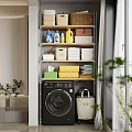 Home Balcony With Washing Machine Storage Shelves Boxes Cleaning Detergents Folded Towels And Green Plants