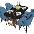Dining Table Set Featuring Black Table Blue Chairs Tableware Wine Bottle And Yellow Vase 3d model
