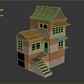 Cartoon Scene House With Green And Red Roofs Orange Walls Windows Stairs And Awnings