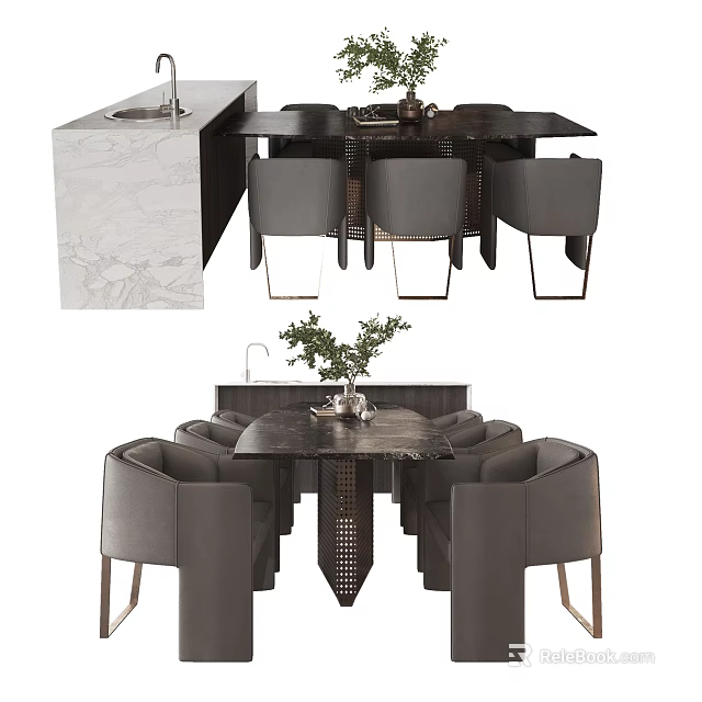 Modern Dining Table Set With Gray Upholstered Chairs And Marble Top 3d model