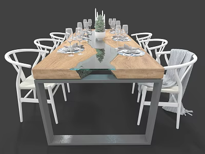 Wooden Dining Table Set With Glass Insert And White Chairs Tableware Wine Glasses Decorations 3d model