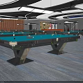 Modern Billiard Room Interior With Tables Lighting Bar Counter Blue Gray Carpet And Comfortable Seating