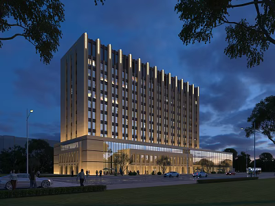 Modern High Rise Hotel Building Exterior With Illuminated Facade Trees Street Lamps And Pedestrians 3d model