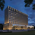 Modern High Rise Hotel Building Exterior With Illuminated Facade Trees Street Lamps And Pedestrians