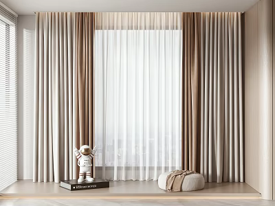Modern Layered Beige Brown and White Curtains with Sheer Panel and Window Astronaut Pouf 3d model