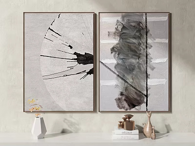 Abstract Paintings as Modern Wall Art with Vase Books and Sculptures 3d model