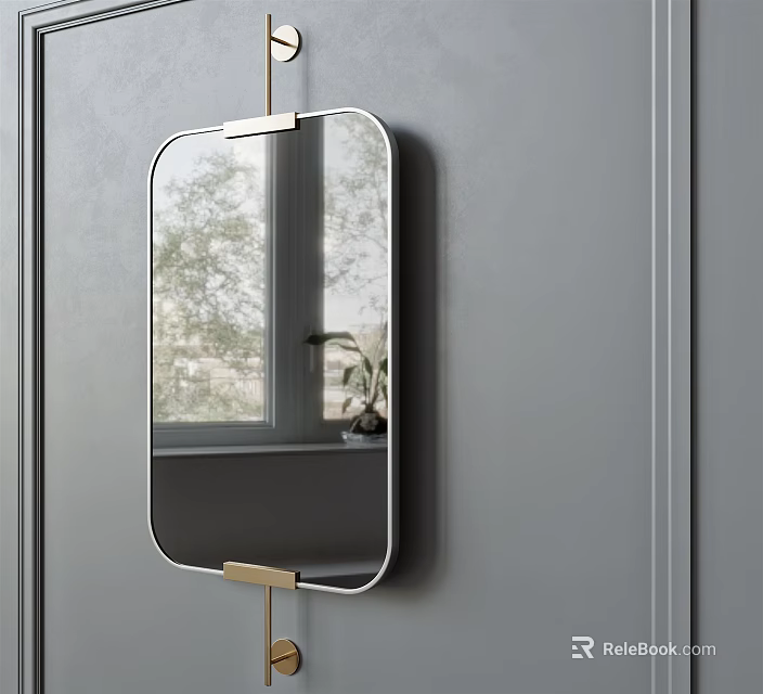 Oval Mirror with Metal Frame Hanging on Gray Wall Reflecting Window View And Indoor Plant 3d model 