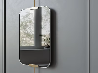 Oval Mirror with Metal Frame Hanging on Gray Wall Reflecting Window View And Indoor Plant 3d model