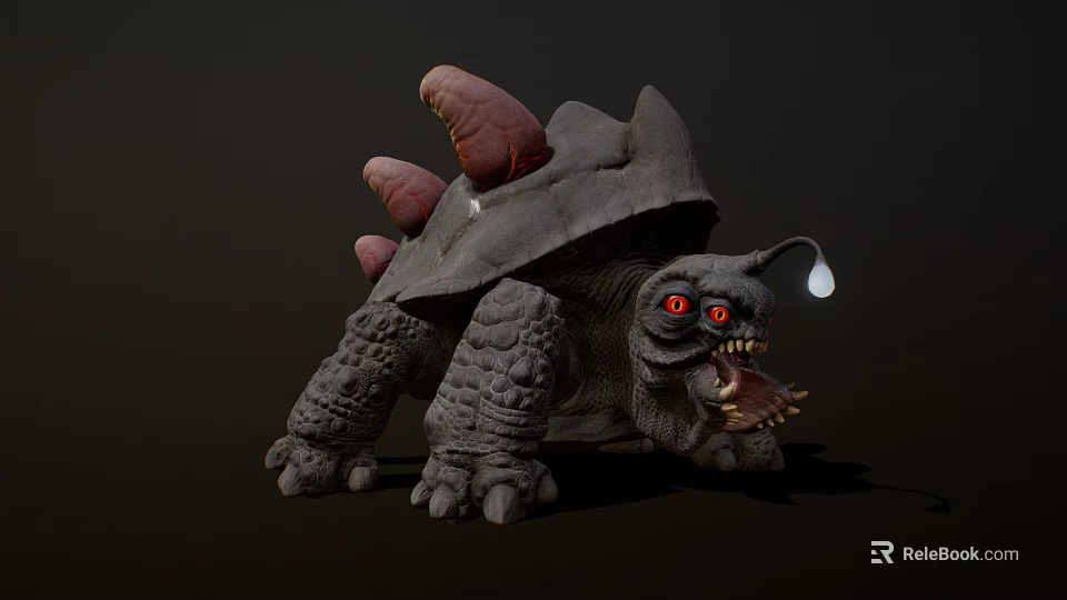 Mythical Giant Tortoise Creature With Gray Shell Red Fleshy Protrusions And Glowing Red Eyes 3d model 