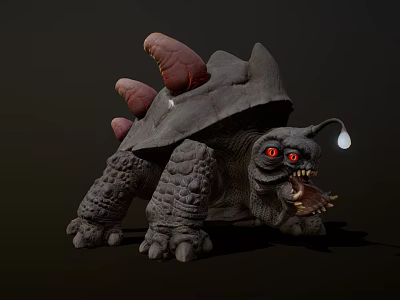 Mythical Giant Tortoise Creature With Gray Shell Red Fleshy Protrusions And Glowing Red Eyes 3d model