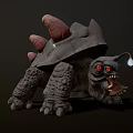 Mythical Giant Tortoise Creature With Gray Shell Red Fleshy Protrusions And Glowing Red Eyes
