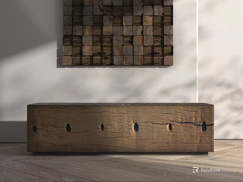 Wooden Stool With Circular Holes Against Wall Decor On Wooden Floor 3d model 