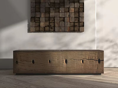 Wooden Stool With Circular Holes Against Wall Decor On Wooden Floor 3d model