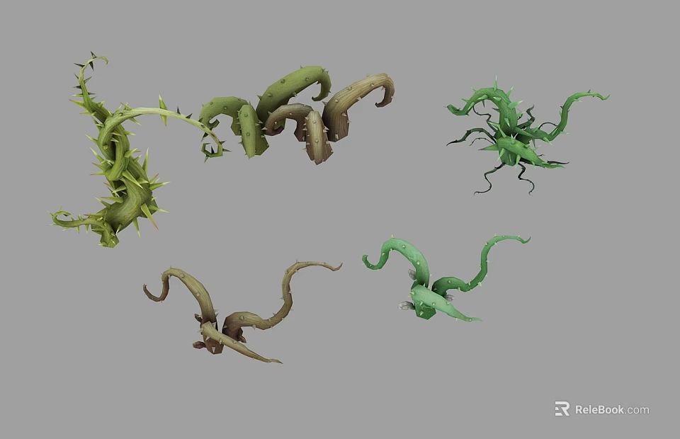Twisted Curly Spiky Green Brown Vines 3D Models for Design and Game Assets 3d model 