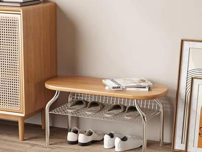 Wooden Top Metal Frame Entry Bench with Magazines On Top and Shoes Storage 3d model