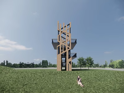 Modern Wooden Observation Tower With Intricate Lattice Design In Green Meadow 3d model