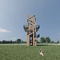 Modern Wooden Observation Tower With Intricate Lattice Design In Green Meadow