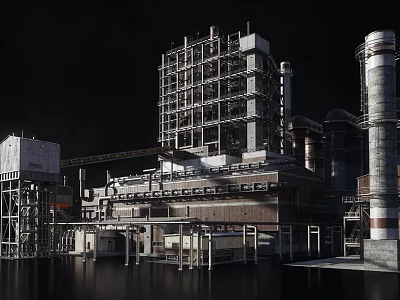 Industrial Factory Facility Featuring Steel Structure Building Chimney Pipes and Crane 3d model