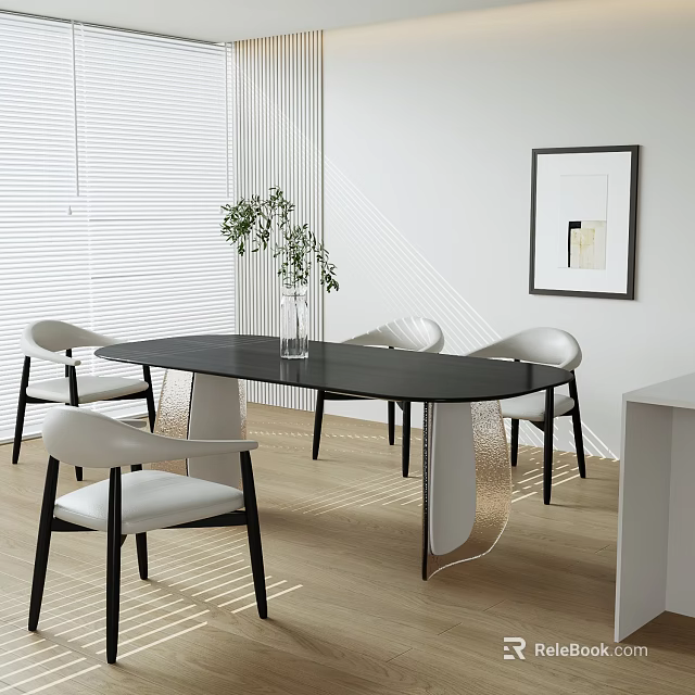 Modern Dining Table Set With Black Table White Chairs Vase Plant And Wall Art Design 3d model 