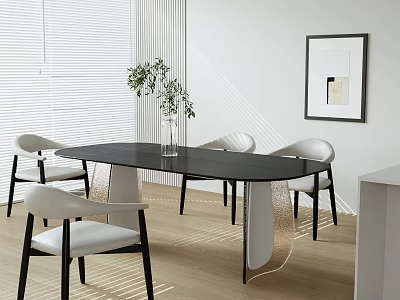 Modern Dining Table Set With Black Table White Chairs Vase Plant And Wall Art Design 3d model