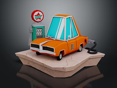 Orange Cartoon Car Refueling At Gas Station With Red Sign Green Text On Rock Platform 3d model
