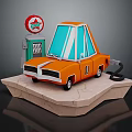 Orange Cartoon Car Refueling At Gas Station With Red Sign Green Text On Rock Platform