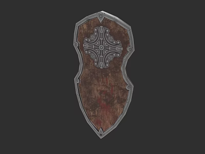 Vintage Medieval Shield With Wooden Surface Metal Edge And Cross Decoration 3d model