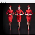 Women in Red Uniforms and Hats Standing with Elegant Posture on Black Background