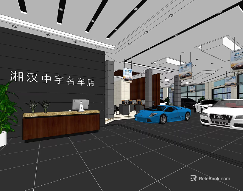 Car Dealership Reception Area With Luxury Sports Cars And Showroom Interior 3d model 