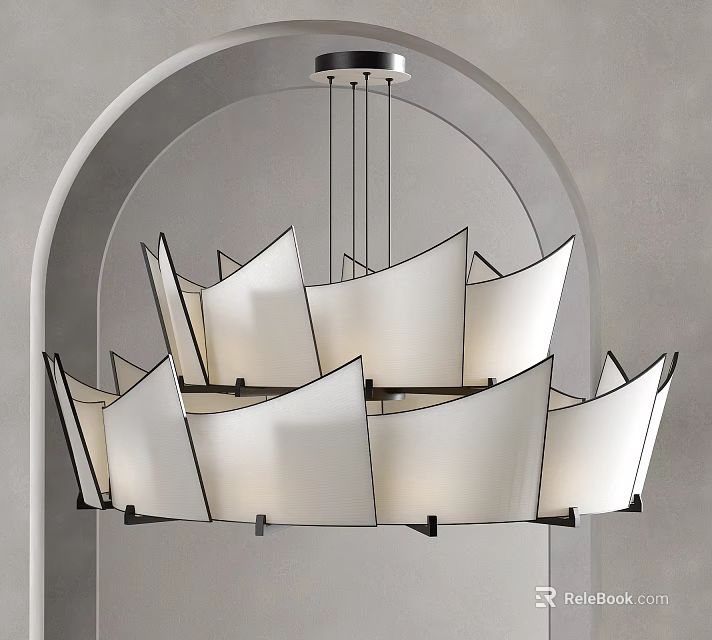 Modern White Shade Chandelier With Black Frame Against Gray Arched Wall Interior 3d model 