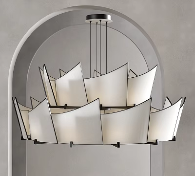 Modern White Shade Chandelier With Black Frame Against Gray Arched Wall Interior 3d model