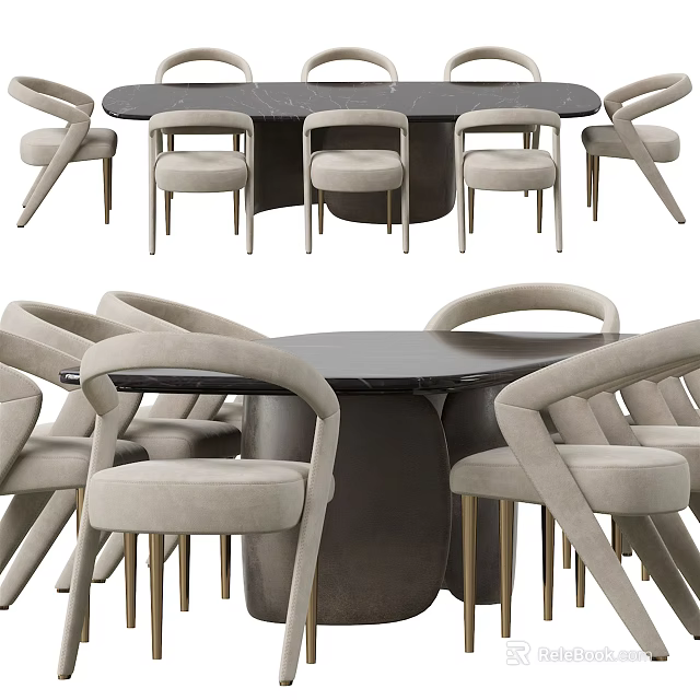 Modern Dining Table Set With Curved Beige Chairs Marble Top And Metal Legs 3d model 