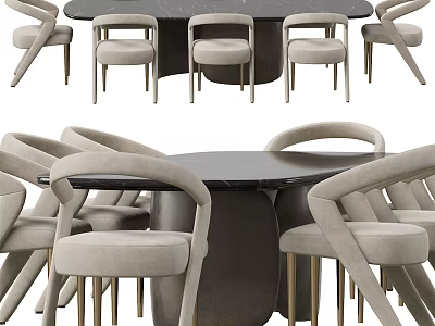 Modern Dining Table Set With Curved Beige Chairs Marble Top And Metal Legs 3d model