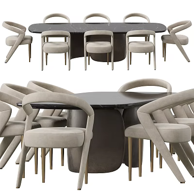 Modern Dining Table Set With Curved Beige Chairs Marble Top And Metal Legs 3d model