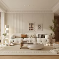 Modern White Living Room Interior With Sofa Coffee Table Potted Plant And Decorative Paintings